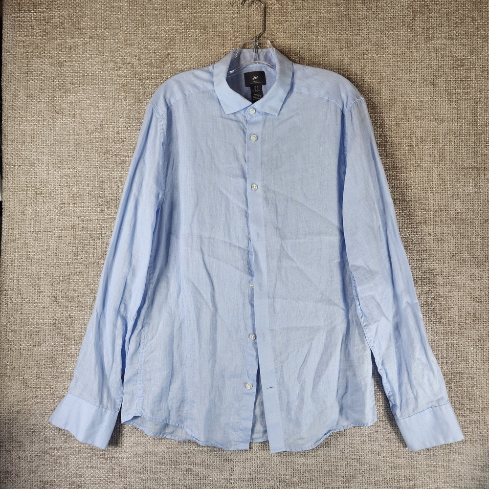 H&M 100% Linen Shirt Mens M Light Blue Slim Fit Long Sleeve Button Up Casual EUC